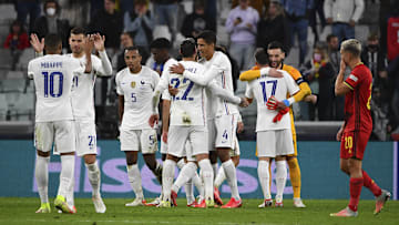 La joie des Tricolores après la victoire face à la Belgique (2-3).